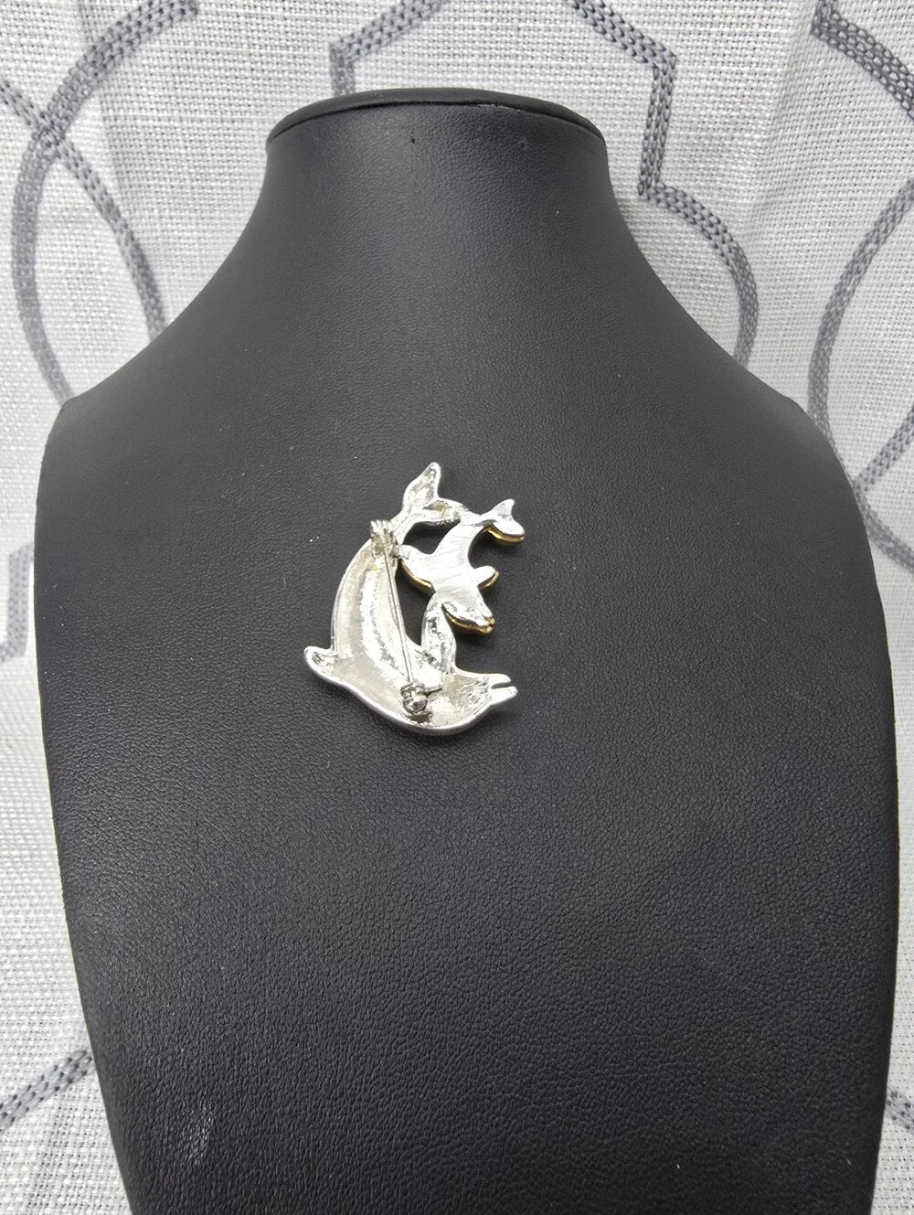 Dolphin Mama & Baby Rhinestone Eye Brooch Gold tone & Silver tone Pin